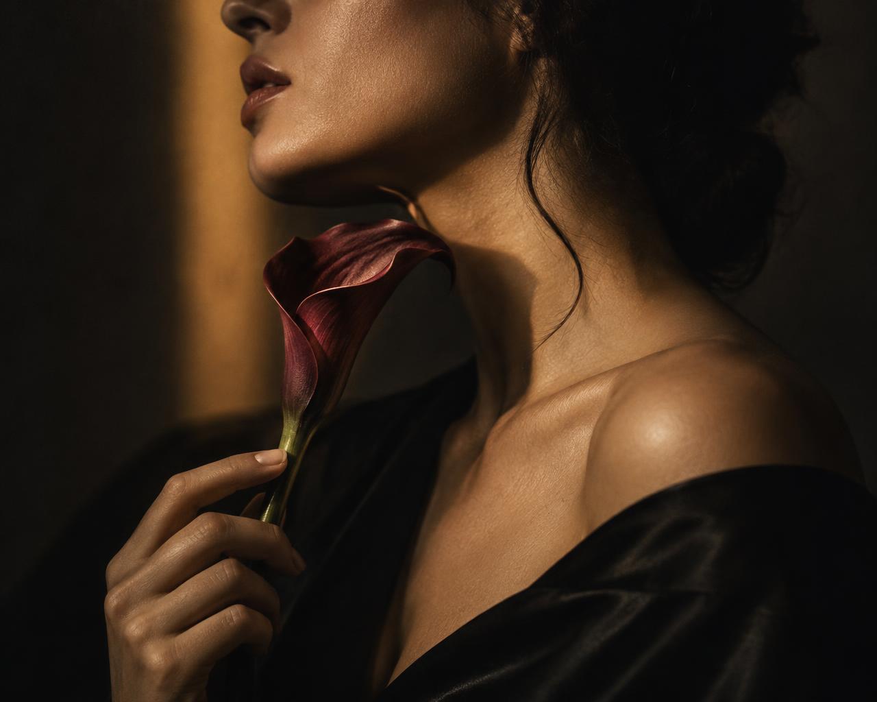 A woman holds a dark calla lily close; a single beam of warm light falls across her skin