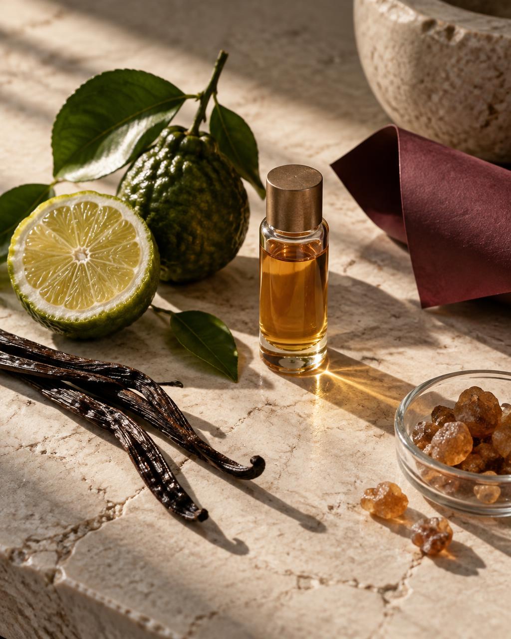 A perfume oil vial among fresh bergamot, vanilla pods and amber resin on limestone